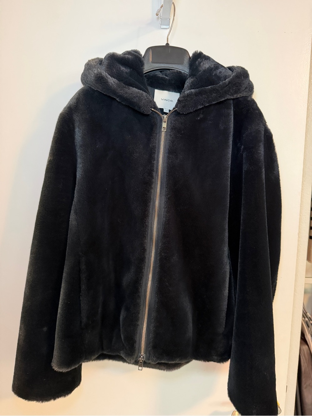 Vince Black Faux Fur Hooded Zip Jacket